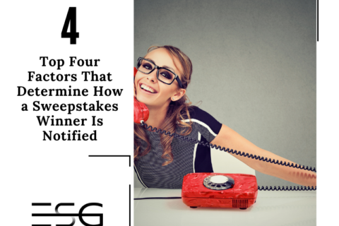 Top four factors that determine how a sweepstakes winner is notified, with a woman answering a red telephone.