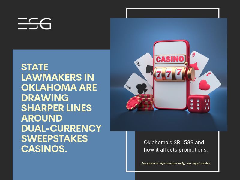 **Recommended SEO image alt text:** “Graphic about Oklahoma SB 1589 and proposed regulations for dual-currency sweepstakes casinos, featuring a casino slot machine, playing cards, chips, and dice.”